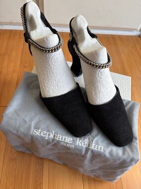 VINTAGE Stephane Kelian Black Suede Chain-Trim Slingbacks